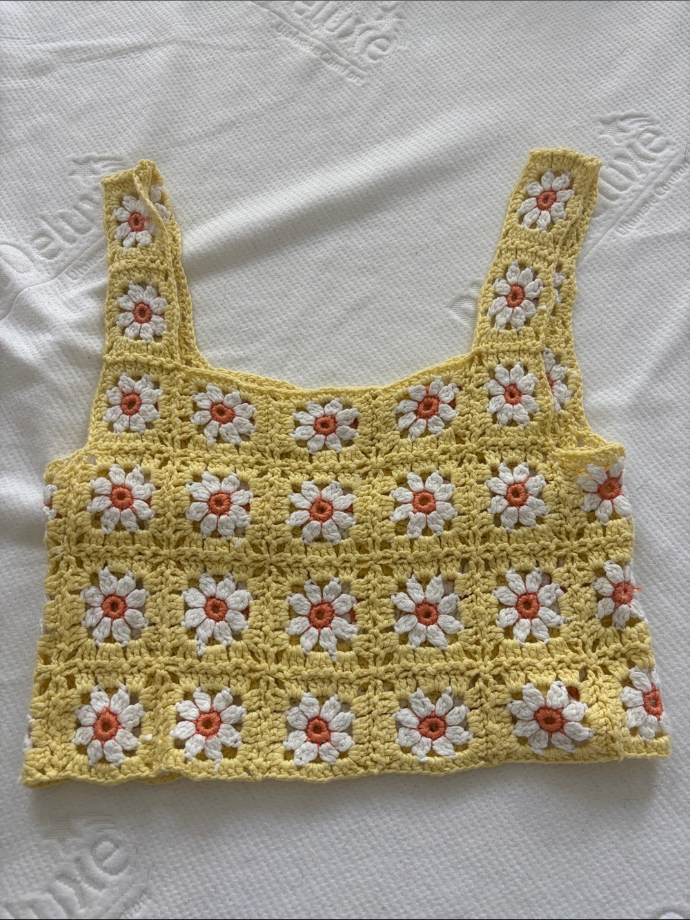 Altar'd State Yellow Crochet Daisy Tank with White & Orange Accents